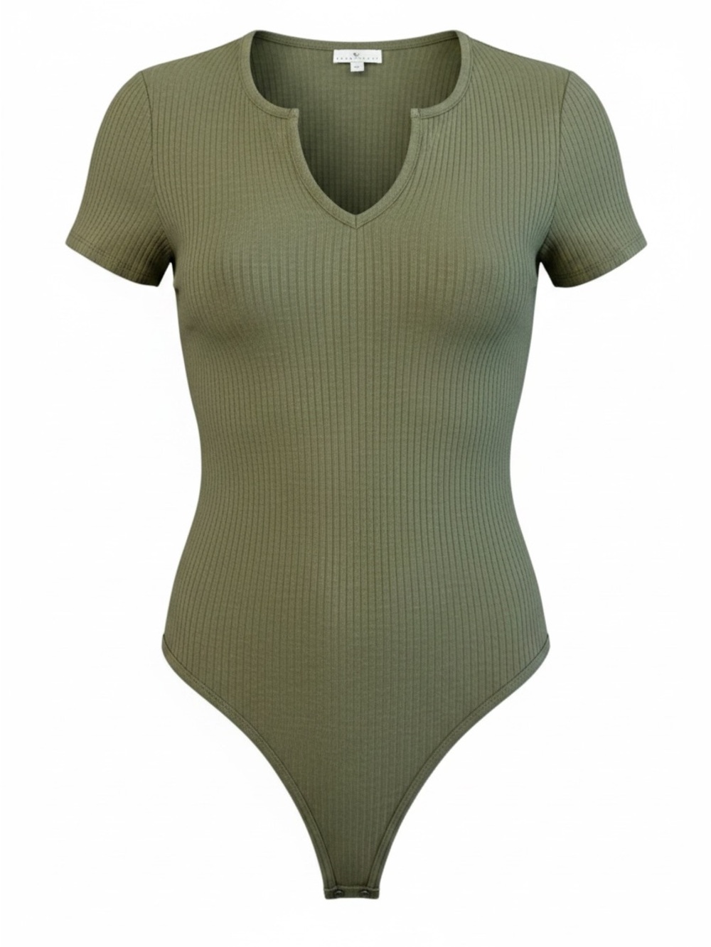 True Craft Olive Ribbed Short-Sleeve Notch-Neck Bodysuit large